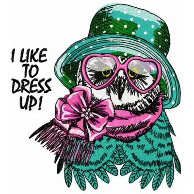 Preview of 'I Like to Dress Up' embroidery design featuring whimsical owls, perfect for embellishing various fabrics.