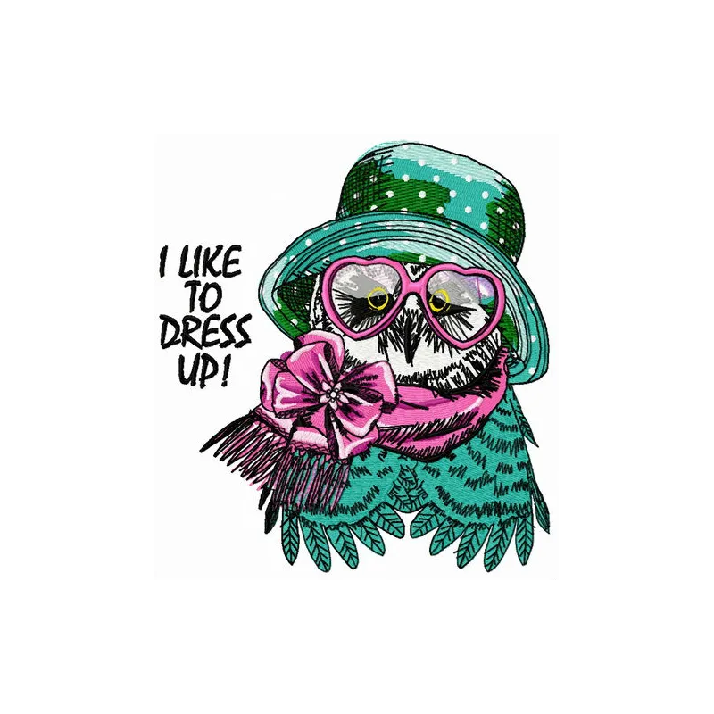 Preview of 'I Like to Dress Up' embroidery design featuring whimsical owls, perfect for embellishing various fabrics.