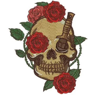 Skull with prickly rose 3 embroidery design showcasing intricate details and vibrant patterns for creative projects.