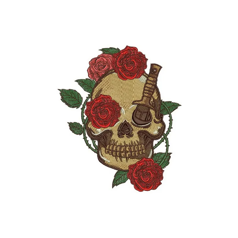 Skull with prickly rose 3 embroidery design showcasing intricate details and vibrant patterns for creative projects.