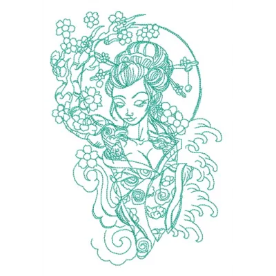 Preview of Shy Geisha 2 embroidery design showcasing intricate Oriental stitching patterns.