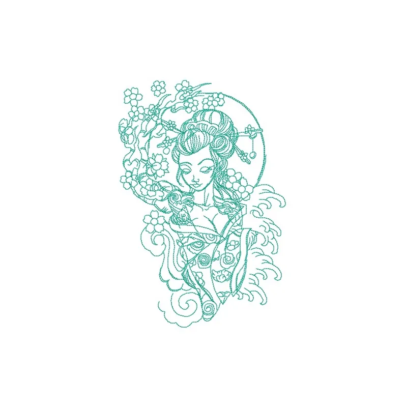 Preview of Shy Geisha 2 embroidery design showcasing intricate Oriental stitching patterns.