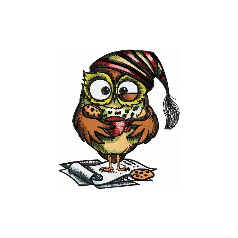 Owl in the morning embroidery design featuring a whimsical owl perched on a branch, ideal for stitching on various items.