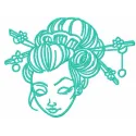 Geisha face embroidery design showcasing intricate details, perfect for embellishing garments and home decor.