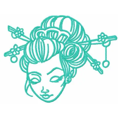 Geisha face embroidery design showcasing intricate details, perfect for embellishing garments and home decor.