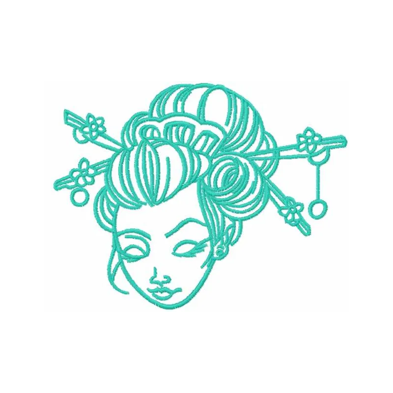 Geisha face embroidery design showcasing intricate details, perfect for embellishing garments and home decor.