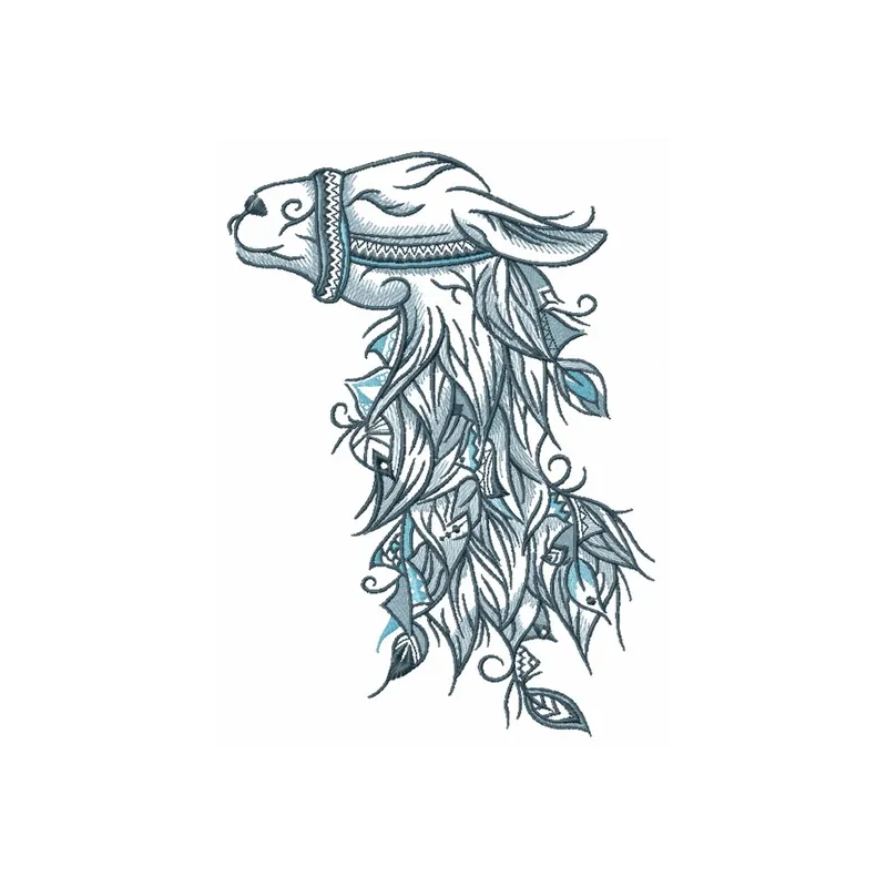 Lama embroidery design showcasing a charming farm animal motif for stitching on various fabric items.