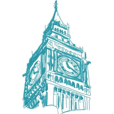 Big Ben embroidery design showcasing a detailed stitched motif of London's iconic clock tower for traveling enthusiasts.
