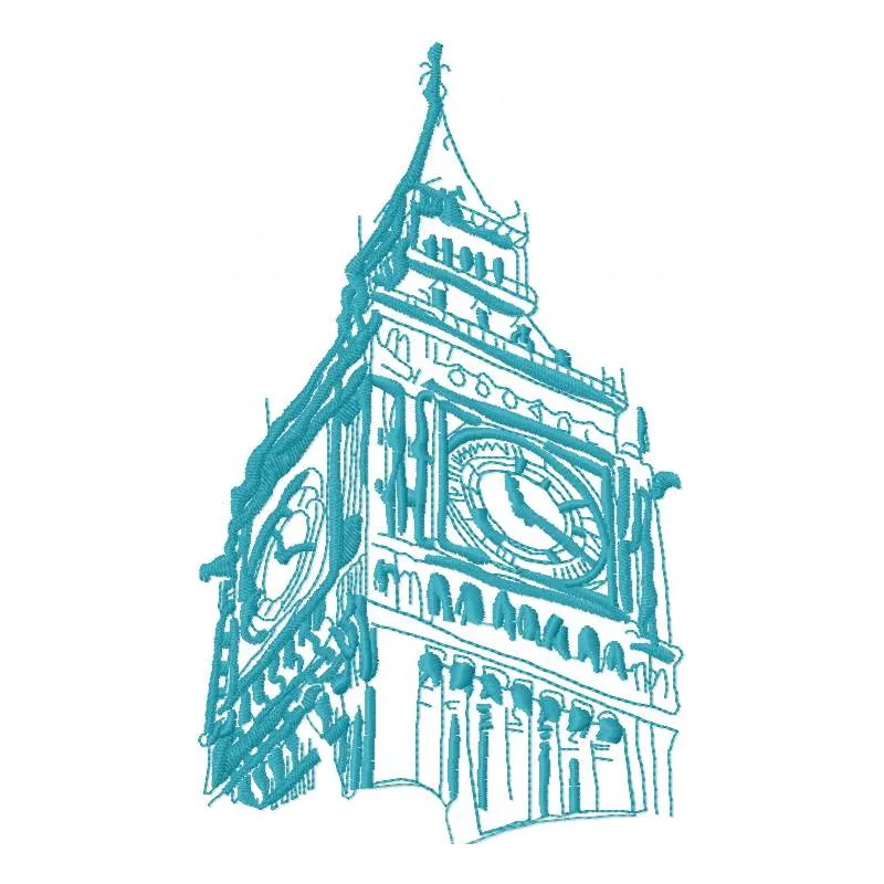 Big Ben embroidery design showcasing a detailed stitched motif of London's iconic clock tower for traveling enthusiasts.