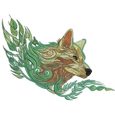 Wolf spirit 2 embroidery design showcasing a majestic wolf in detailed stitching, ideal for apparel and home decor.