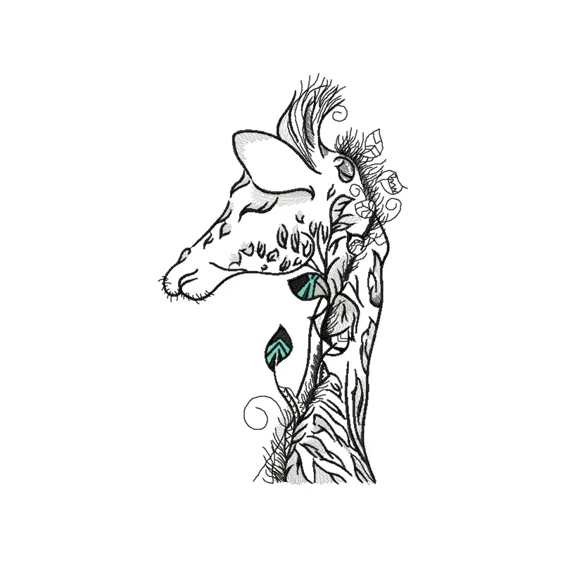 Sleepy giraffe embroidery design showcased on a soft fabric, ideal for embellishing baby onesies and pillows.