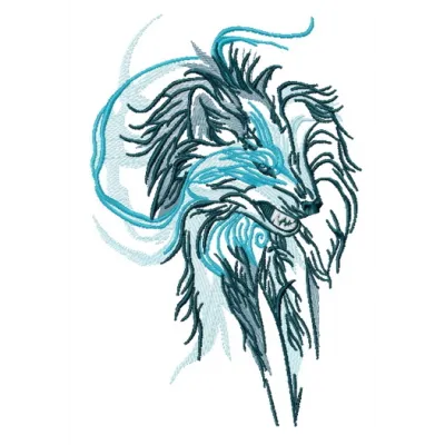 Wolf spirit embroidery design showcasing intricate details, perfect for stitching on jackets or bags.
