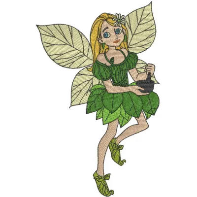 Hardworking fairy embroidery design showcasing a whimsical fairy surrounded by nature, perfect for creative stitching projec…