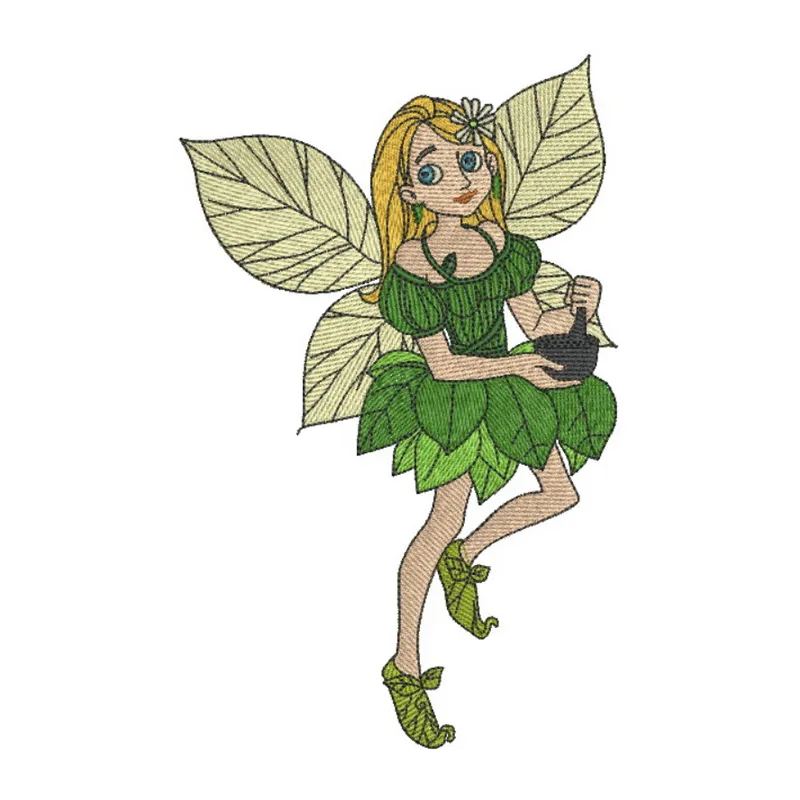 Hardworking fairy embroidery design showcasing a whimsical fairy surrounded by nature, perfect for creative stitching projec…