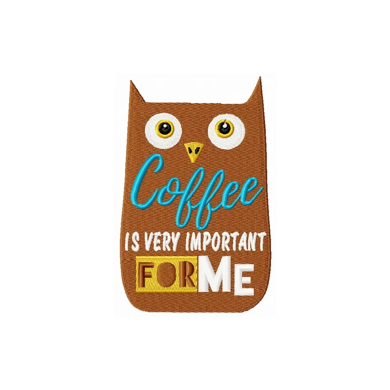 Embroidery design featuring the phrase 'Coffee is very important for me' on a cozy t-shirt.