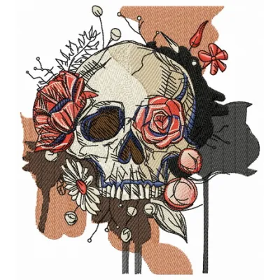 Skull overgrown with flowers embroidery design showcasing intricate floral details and a unique gothic style.
