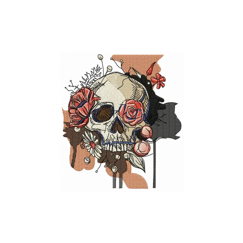 Skull overgrown with flowers embroidery design showcasing intricate floral details and a unique gothic style.