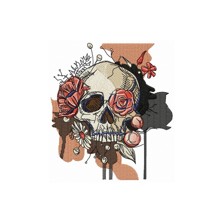Skull overgrown with flowers embroidery design - Embroidery Design