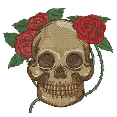 Skull with prickly rose embroidery design showcasing intricate details, perfect for creative stitching projects.