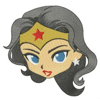 Wonder Woman's face embroidery design featuring her iconic tiara, perfect for superhero-themed projects.