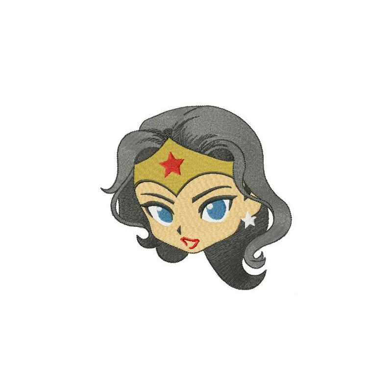 Wonder Woman's face embroidery design featuring her iconic tiara, perfect for superhero-themed projects.