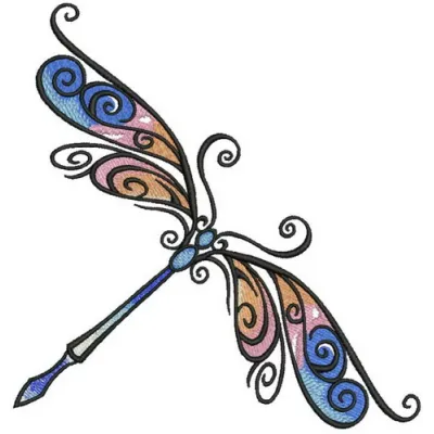 Preview of a delicate dragonfly embroidery design, showcasing intricate stitching patterns for various fabric projects.