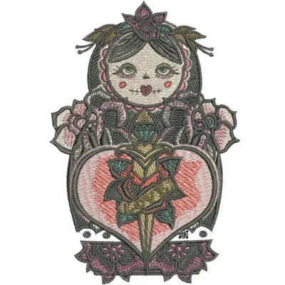 Black matryoshka embroidery design showcasing a traditional nested doll motif, perfect for crafting projects.