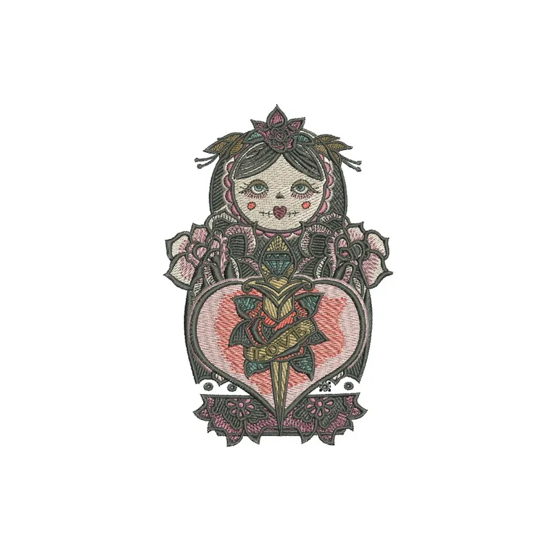 Black matryoshka embroidery design showcasing a traditional nested doll motif, perfect for crafting projects.