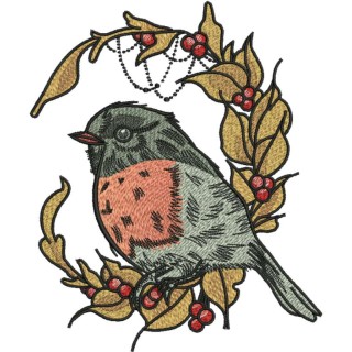 Bullfinch and autumn leaves embroidery design - Embroidery Design