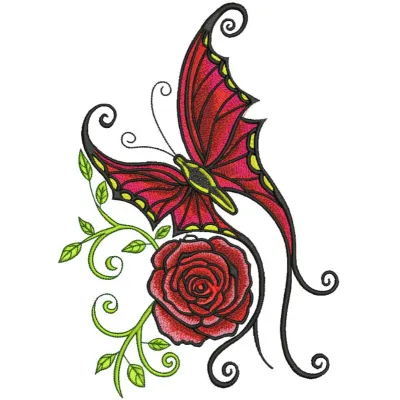 Stunning butterfly and rose embroidery design, showcasing intricate stitching patterns for creative projects.