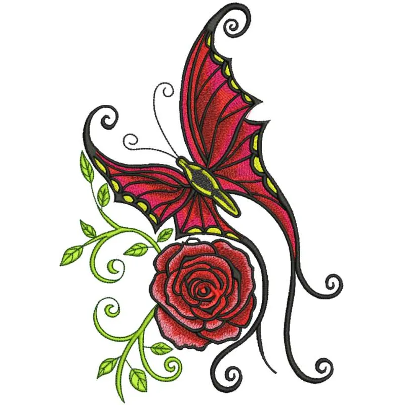 Stunning butterfly and rose embroidery design, showcasing intricate stitching patterns for creative projects.