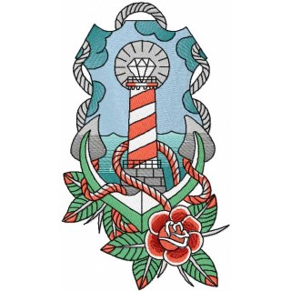 Lighthouse anchor and rose embroidery design - Embroidery Design