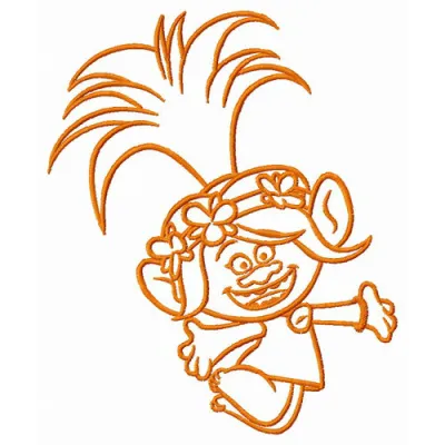 Poppy having fun embroidery design featuring a cheerful character from Trolls, ideal for stitching on apparel and accessorie…