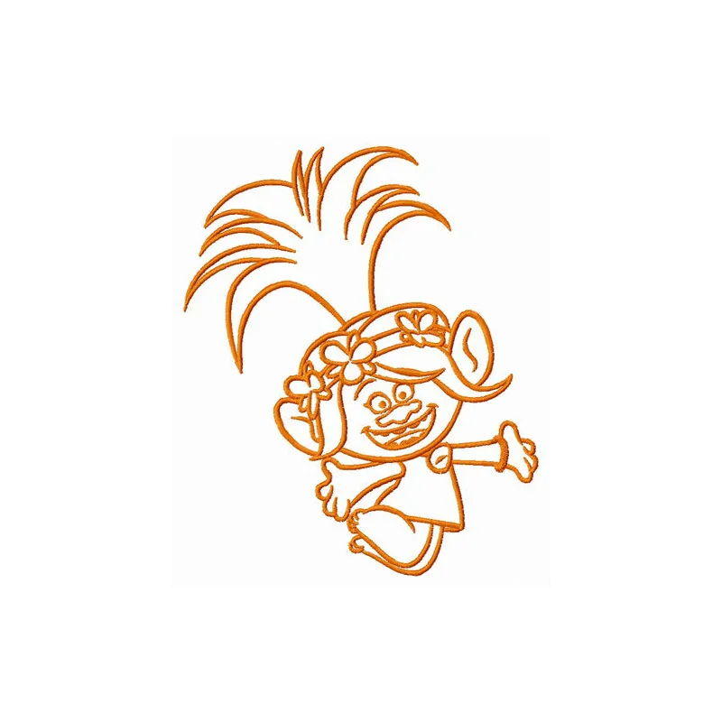 Poppy having fun embroidery design featuring a cheerful character from Trolls, ideal for stitching on apparel and accessorie…