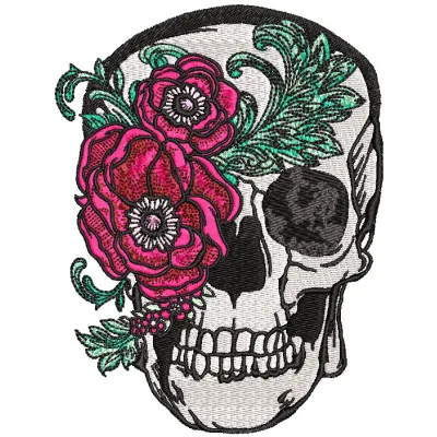 Skull with peony mask embroidery design showcasing intricate stitching patterns for creative projects.