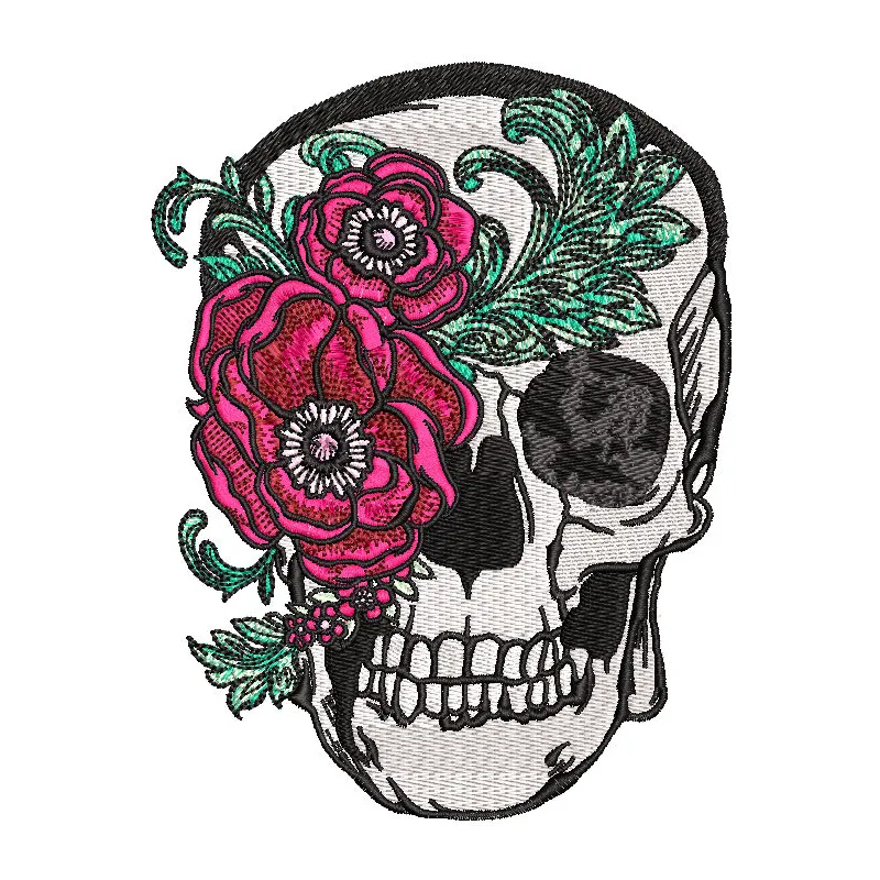 Skull with peony mask embroidery design showcasing intricate stitching patterns for creative projects.