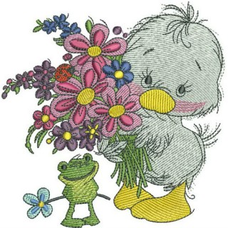 Duckling with bouquet embroidery design - Embroidery Design