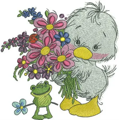 Charming duckling holding a bouquet in this delightful embroidery design for farm animal enthusiasts.