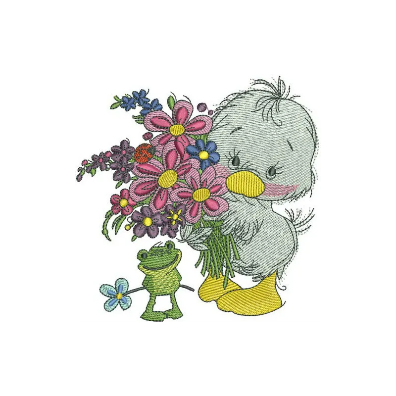 Charming duckling holding a bouquet in this delightful embroidery design for farm animal enthusiasts.