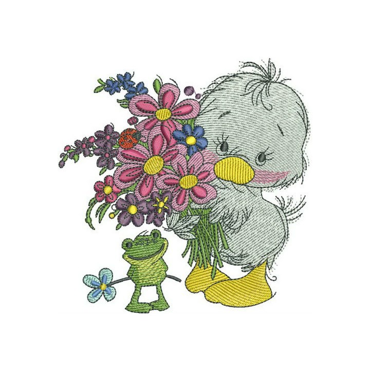 Duckling with bouquet embroidery design - Embroidery Design