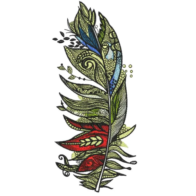 Exotic feather embroidery design showcasing intricate details, ideal for embellishing clothing and accessories.