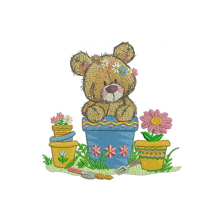 Teddy bear in flower pot embroidery design - Embroidery Design