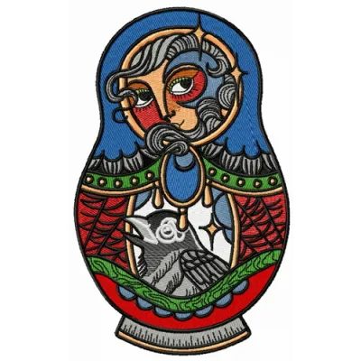 Fairy matryoshka embroidery design showcasing a whimsical stitched motif of a traditional Russian doll.