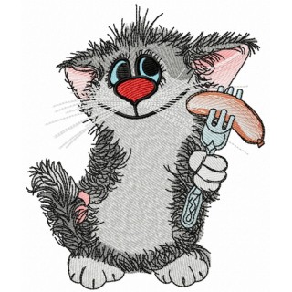 Cat with sausage 2 embroidery design - Embroidery Design