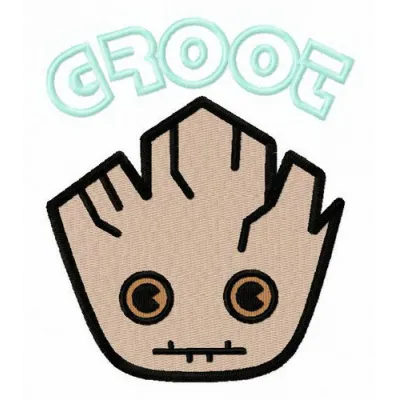 Groot's face embroidery design showcasing intricate stitching patterns for creative projects like t-shirts or hoodies.