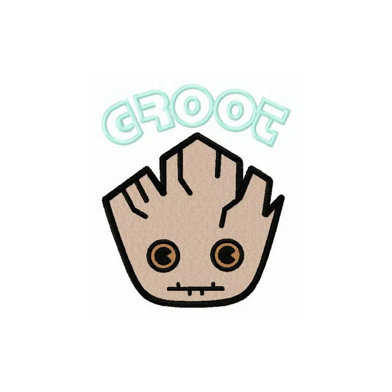 Groot's face embroidery design showcasing intricate stitching patterns for creative projects like t-shirts or hoodies.