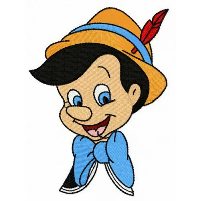 Preview of Pinocchio face embroidery design, showcasing intricate stitching patterns for creative projects.