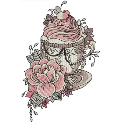 Summer coffee embroidery design featuring a vibrant cup of coffee, perfect for stitching on t-shirts or tote bags.