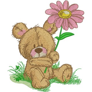 Cute teddy bear with pyrethrum embroidery design - Embroidery Design