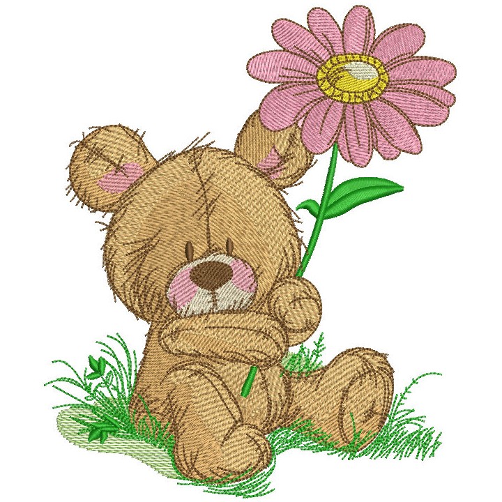 Cute teddy bear with pyrethrum embroidery design - Embroidery Design